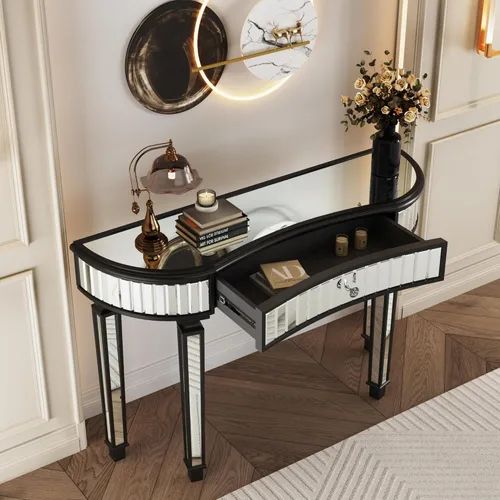 Miniatura 4 de Mesa consola de media luna de 47 pulgadas con cajón de cristal estriado y perilla de cristal, escritorio plateado para entrada, dormitorio, vestidor