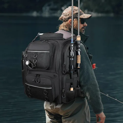 Miniatura 7 de WANOON - Mochila para pesca, bolsa de pesca con soportes para cañas. Mochila de aparejos grande con materiales resistentes Negro