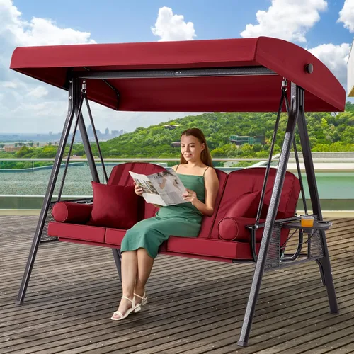 Miniatura 24 de Columpio de porche para exteriores 3 en 1 con toldo ajustable, columpio de 3 asientos para adultos, columpio de patio con cojines gruesos, almohadas