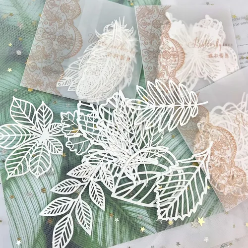 40 piezas de suministros para álbumes de recortes, papel de encaje, hojas de mariposa, serie de plumas, suministros de diario, papel decorativo para