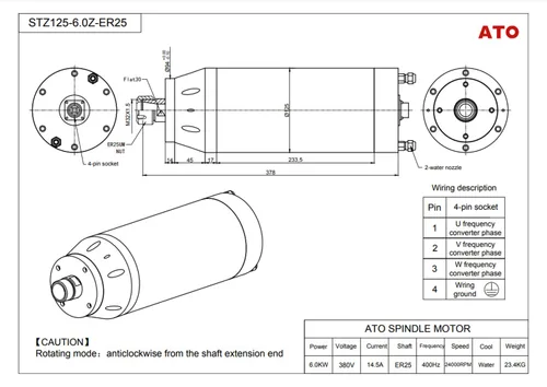 Miniatura 5 de Motor de husillo CNC ATO, 6kW trifásico 380V refrigerado por agua Motor de husillo CNC 14.5A φ125mm ER25 Collets 400Hz 24000rpm, para máquinas CNC