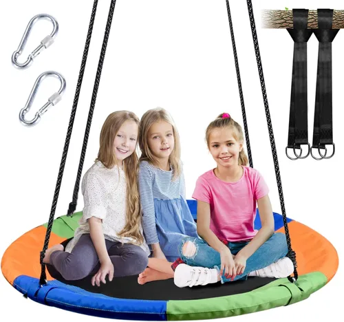 Miniatura 9 de Columpio de árbol de platillo de 40 pulgadas para niños, columpio redondo al aire libre con correas para colgar y cuerdas ajustables, fácil montaje