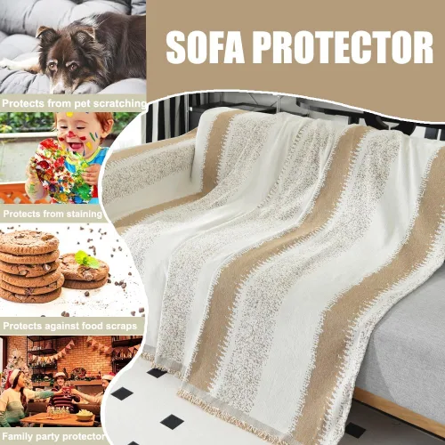 Miniatura 4 de Booque Valley Funda de sofá bohemia de felpilla a rayas de gran tamaño para sofá, suave, lavable, apta para mascotas, resistente a las pastillas