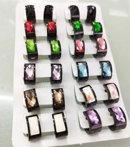 Miniatura 4 de Aretes de aro de acero inoxidable con cristal multicolor negro para hombres y mujeres Azul Oscuro
