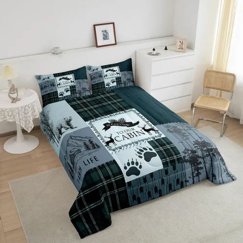 Miniatura 4 de Manfei Rutic Farmhouse - Juego de edredón tamaño King, juego de ropa de cama de retazos de madera a cuadros de ciervo, oso, árbol, 3 piezas