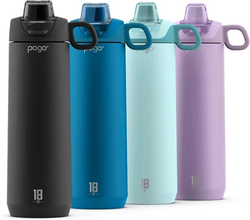 Pogo Botella de agua activa de acero inoxidable aislada al vacío con tapa a prueba de fugas y asa de transporte de silicona, recubrimiento en polvo,