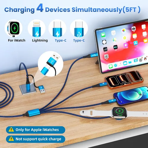 Miniatura 2 de Cable de Carga Múltiple para Cargador de Apple Watch, 4 en 1 Cable Cargador de Teléfono USB A/C con Doble Tipo-C/IP, Cable Magnético iWatch de Nylon