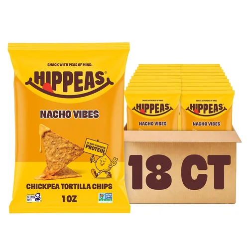 Hippeas Chips de tortilla de garbanzos, Nacho Vibes, 18 x 1 oz, bocadillos crujientes de garbanzos con 0.11 onzas de proteína vegetal y 0.11 onzas