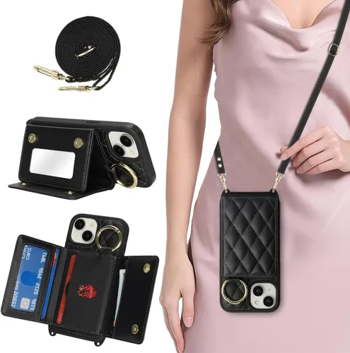Miniatura 7 de Funda para iPhone 14 Plus con tarjetero y correa para mujer, cordón cruzado, espejo de maquillaje, soporte de anillo, cierre a presión, bonitas Rosa