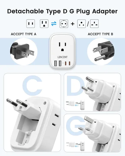 Miniatura 2 de LENCENT Kit adaptador de viaje universal tipo C y tipo D G, adaptador de enchufe internacional para Europa Reino Unido Maldivas Italia Irlanda
