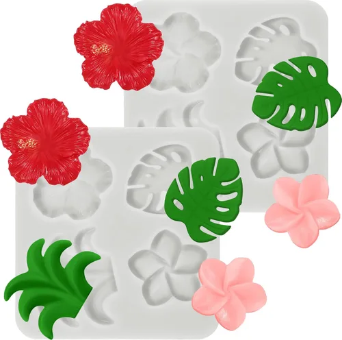2 moldes de silicona de flores tropicales y hojas de plumeria, hibisco, flores de Monstera, para fondant, para bricolaje, chocolate, dulces, pudín,