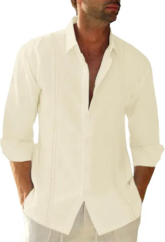 Miniatura 10 de JEKAOYI - Camisas de lino con botones para hombre, de manga larga, ajuste regular, de algodón, camisas de playa con bolsillo