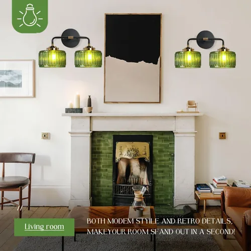 Miniatura 6 de Lámparas de baño de mediados de siglo, aplique de pared de 2 luces con pantalla de vidrio con rayas verdes, luz de montaje en pared, luces modernas