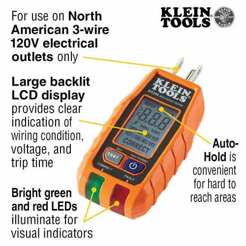 Miniatura 6 de Klein Tools CL320 - Abrazadera digital, HVAC AC de rango automático de 400 A y RT250 GFCI con pantalla LCD, probador de voltaje eléctrico