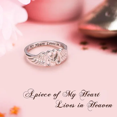 Miniatura 3 de FLYOW Anillo de plata de ley S925 A Piece of My Heart Lives in Heaven con alas de ángel para mujer, joyería de recuerdo de mamá, papá, abuela