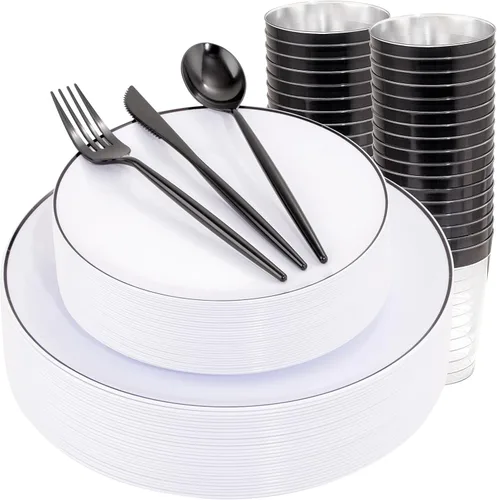 Miniatura 20 de ejonirinjonir EI - 180 platos de plástico beige con cubiertos de plástico dorado, platos desechables de alta resistencia para fiestas, juego