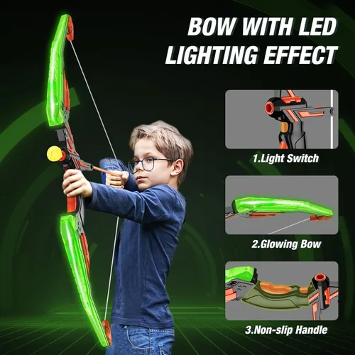 Miniatura 3 de HYES Arco y flecha para niños, juego de tiro con arco con luz LED con 12 flechas de ventosa, 1 objetivo de pie, 3 objetivos de puntuación y 1