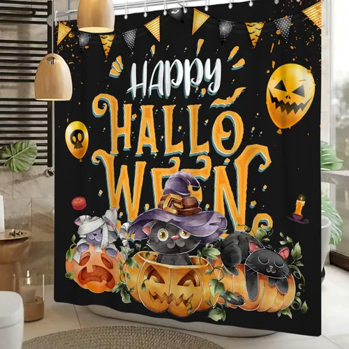 Miniatura 3 de Cortina de ducha de Halloween, cortinas de ducha de calabaza y gato aterradoras para baño, decoración de fiesta de Hlloween, cortina de baño