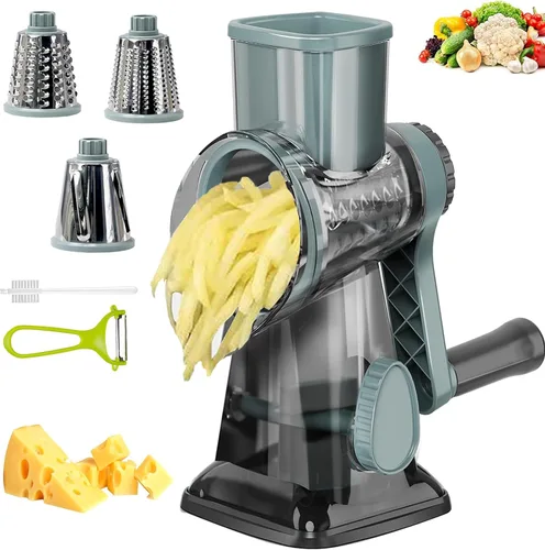 Rallador de queso con asa, rallador de queso giratorio manual multifuncional - rallador de queso corta fácilmente zanahorias, papas, verduras y