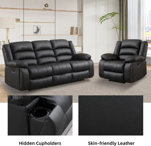 Miniatura 3 de EBELLO Juego de sofá reclinable manual de piel sintética, sofá reclinable de 3 asientos, juego de muebles de sofá para sala de estar, color negro