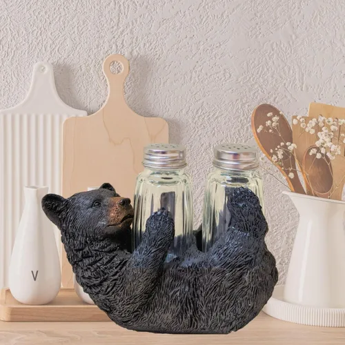Miniatura 3 de Juego de saleros y pimenteros rústicos de oso negro en la parte posterior, accesorio decorativo de resina y vidrio para mesa de cocina, decoración