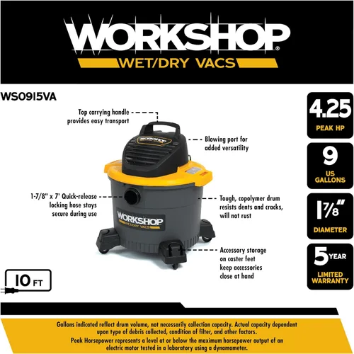 Miniatura 3 de WORKSHOP Wet/Dry Vacs Shop Vacuum WS0915VA - Aspiradora de uso general en seco y húmedo de 9 galones, 4.25 Pico HP con filtro, bolsa para polvo
