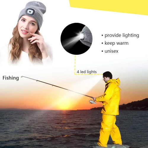 Miniatura 3 de CENSGO Gorro unisex con luz LED recargable por USB, regalos para papá, padre, hombres, marido, cálido gorro de punto