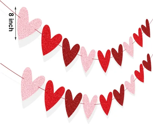 Miniatura 2 de XIANMU Paquete de 2 guirnaldas de corazón con purpurina para decoración del día de San Valentín, diseño romántico de corazón para aniversario, boda