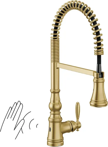 Miniatura 13 de Moen WeymouthBrushed Gold S73104BG - Grifo de cocina con resorte de preenjuague de un mango con refuerzo de potencia para una limpieza más rápida