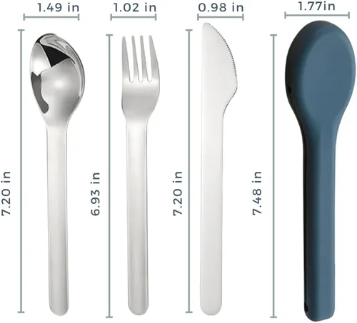 Miniatura 7 de Juego de utensilios de acero inoxidable con funda de silicona, cuchara, tenedor y cuchillo, diseño portátil para viajes, escuela, trabajo y Gris