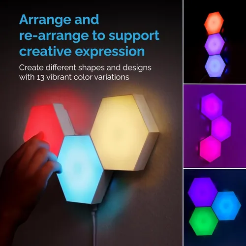 Miniatura 3 de Emberela HEXlights - Luces Sensoriales para Niños, Paquete de 3 Luces Hexagonales Táctiles, Control Remoto, Paneles LED de Pared Amigables