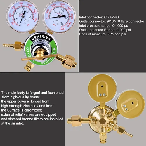 Miniatura 7 de Regulador de oxígeno resistente, medidor de tanque grande, salida de regulador de antorcha de corte 0-200PSI entrada 0-4000PSI CGA 540