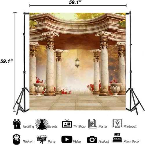 Miniatura 5 de AOFOTO Fondo romántico de 5 x 5 pies para boda real, fondo clásico de glorieta, telón de fondo de fotografía vintage para jardín, pabellón, columnas