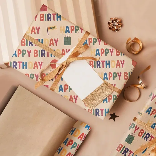 Miniatura 6 de Papel de regalo de cumpleaños, rollo de papel de regalo, papel de regalo kraft – patrón colorido de feliz cumpleaños para niños y niñas, papel