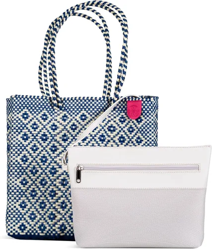 Miniatura 2 de Mixte Bolso tote tejido, bolso de playa beige y azul marino, bolso de plástico reciclado ecológico, resistente al agua, hecho a mano por artesanos