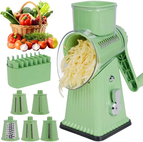 Rallador rotativo de queso con 5 cuchillas, tubo grande para alimentos, empujador de alimentos de seguridad, base de succión fuerte, verde menta