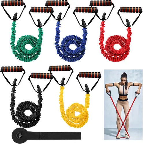 Miniatura 8 de Leyndo 5 bandas de resistencia para ejercicio con asas, tubo de resistencia física, bandas de entrenamiento con anclaje de puerta para hombres