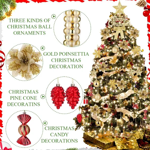 Miniatura 4 de Liliful - Juego de adornos para árbol de Navidad de 132 piezas, incluye bolas de Navidad, adornos LED, luces, purpurina, lazos de flor de pascua