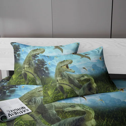 Miniatura 4 de Juego de sábanas de dinosaurios tamaño individual para niños, juego de sábanas bajeras realistas 3D de dinosaurio verde de la selva antigua, juego