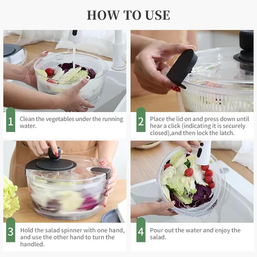 Miniatura 6 de Molinillo de ensalada grande, cuenco de lavado de frutas con colador, giratorio de lechuga de uso rápido y fácil, lavadora de frutas y verduras