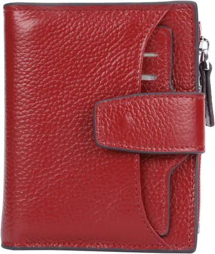 Miniatura 8 de Cartera de cuero con bloqueo RFID para mujer, pequeña, compacta, doble cremallera, con ventana para identificación
