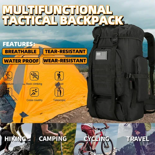 Miniatura 6 de Mochila de senderismo de 45 L, mochila de viaje impermeable, ligera, para exteriores, mochila de campamento para hombres y mujeres (negro)