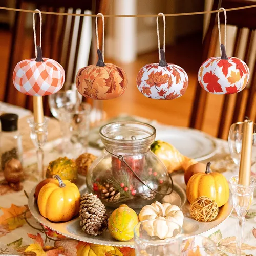 Miniatura 5 de Wehhbtye 12 adornos colgantes de calabaza de Acción de Gracias, hoja de arce envuelta en tela de calabaza, bola de calabaza de búfalo naranja