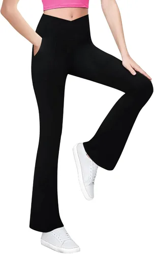 Leggings para niñas, pantalones acampanados cruzados con bolsillos, color negro, suaves, elásticos, de cintura alta, para niños, yoga, danza
