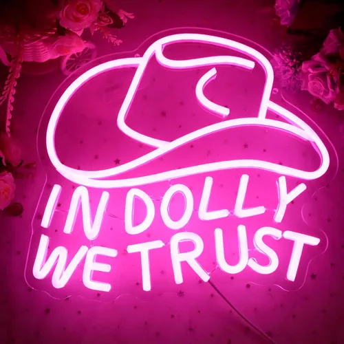Miniatura 2 de Letrero LED de neón con texto en inglés "In Dolly We Trust", con sombrero de vaquera rosa, arte de pared del oeste de estilo retro campestre