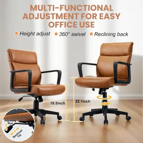 Miniatura 5 de Artswish Silla de oficina de cuero marrón, silla ergonómica de computadora con brazos de ruedas, silla de trabajo ajustable giratoria de 360°