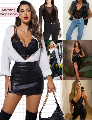Miniatura 6 de Avidlove - Body de encaje sexy lencería de una pieza para mujer escote en V profundo