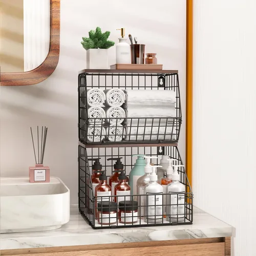 Miniatura 6 de Almacenamiento de frutas y verduras, 2 juegos de cestas de alambre montadas en la pared, cesta de frutas para encimera de cocina, cesta de frutas