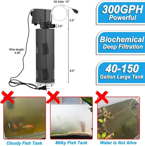 Miniatura 4 de Filtro de Acuario para Tanque de 40-150 Galones Cristal 300GPH Filtración Bioquímica Bomba Potente Sumergible Filtros de Tanque de Peces Interno