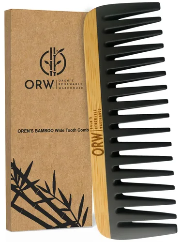 Peine de dientes anchos de bambú OBW – desenredante para cabello rizado, grueso y natural – Dimensiones: 5.8 x 2.1 pulgadas, 1.1 oz – Peine ligero y
